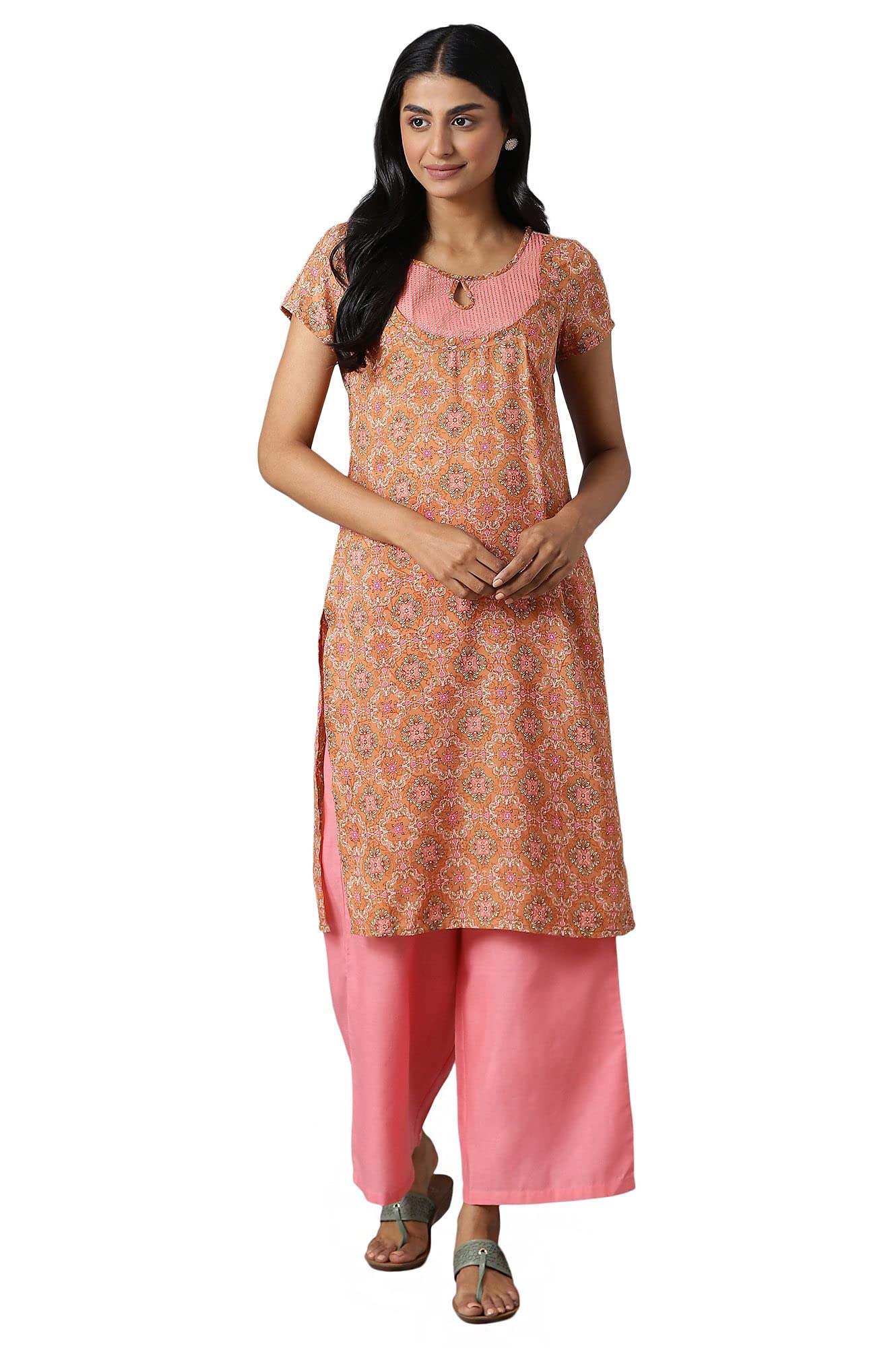 Aurelia Women Poly Voile Floral Printed Brown Straight Kurta with Palazzo Set |Brown Printed Straight Kurta Set |Beaded Keyhole 