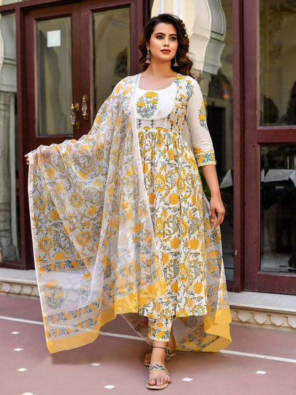 Pinkmint Women Flower Printed Anarkali Kurta & Pat Set With Dupatta