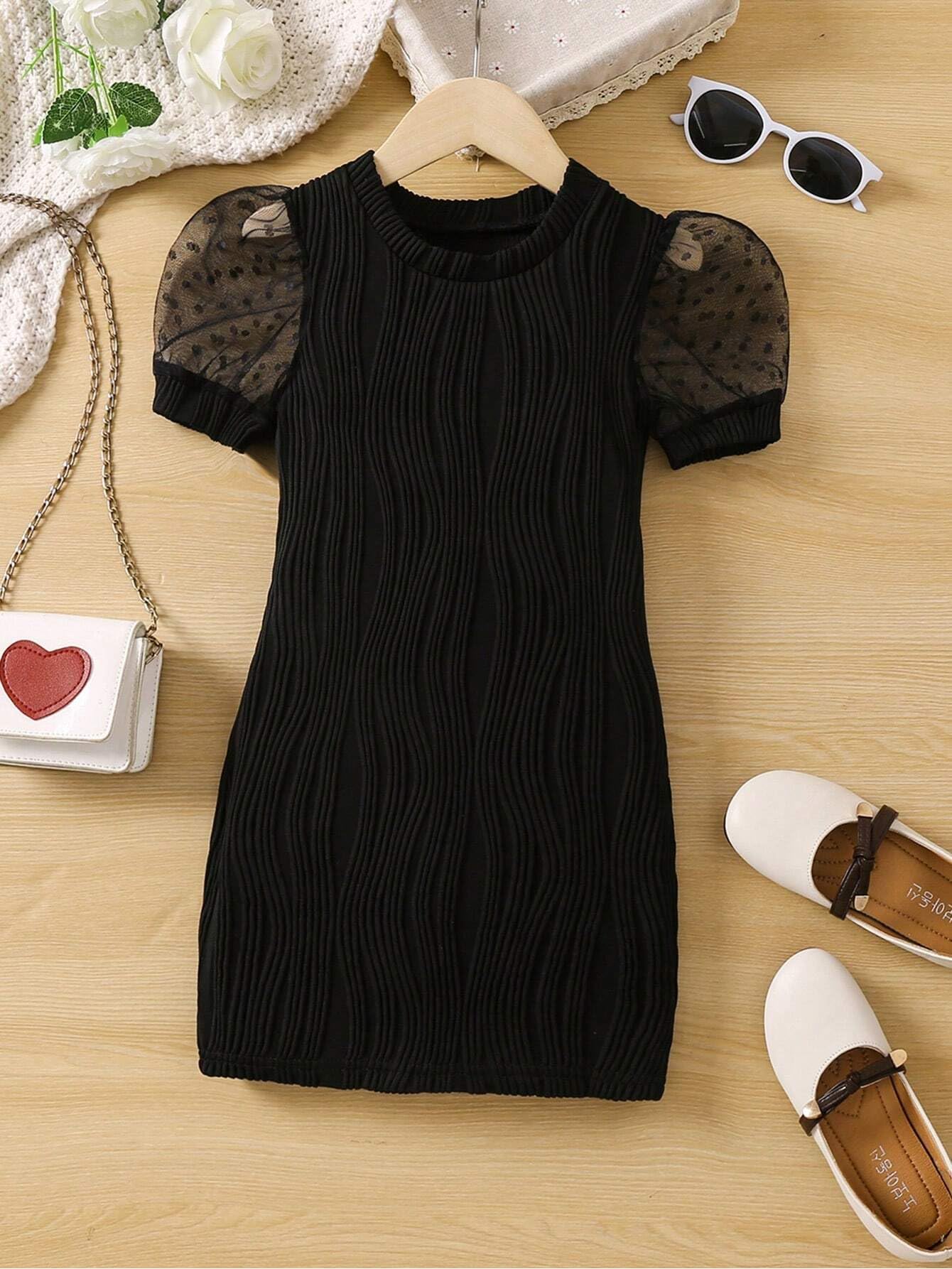 TAGAS Young Girl Contrast Dobby Mesh Puff Sleeve Dress || Girls Dress || Party Dress for Girls ||Fency Dress||(GCD) Black