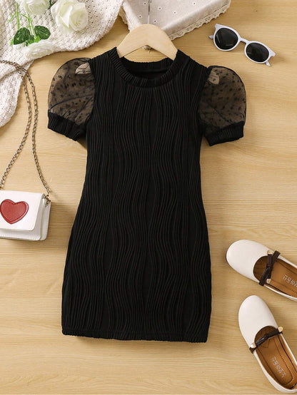 TAGAS Young Girl Contrast Dobby Mesh Puff Sleeve Dress || Girls Dress || Party Dress for Girls ||Fency Dress||(GCD) Black