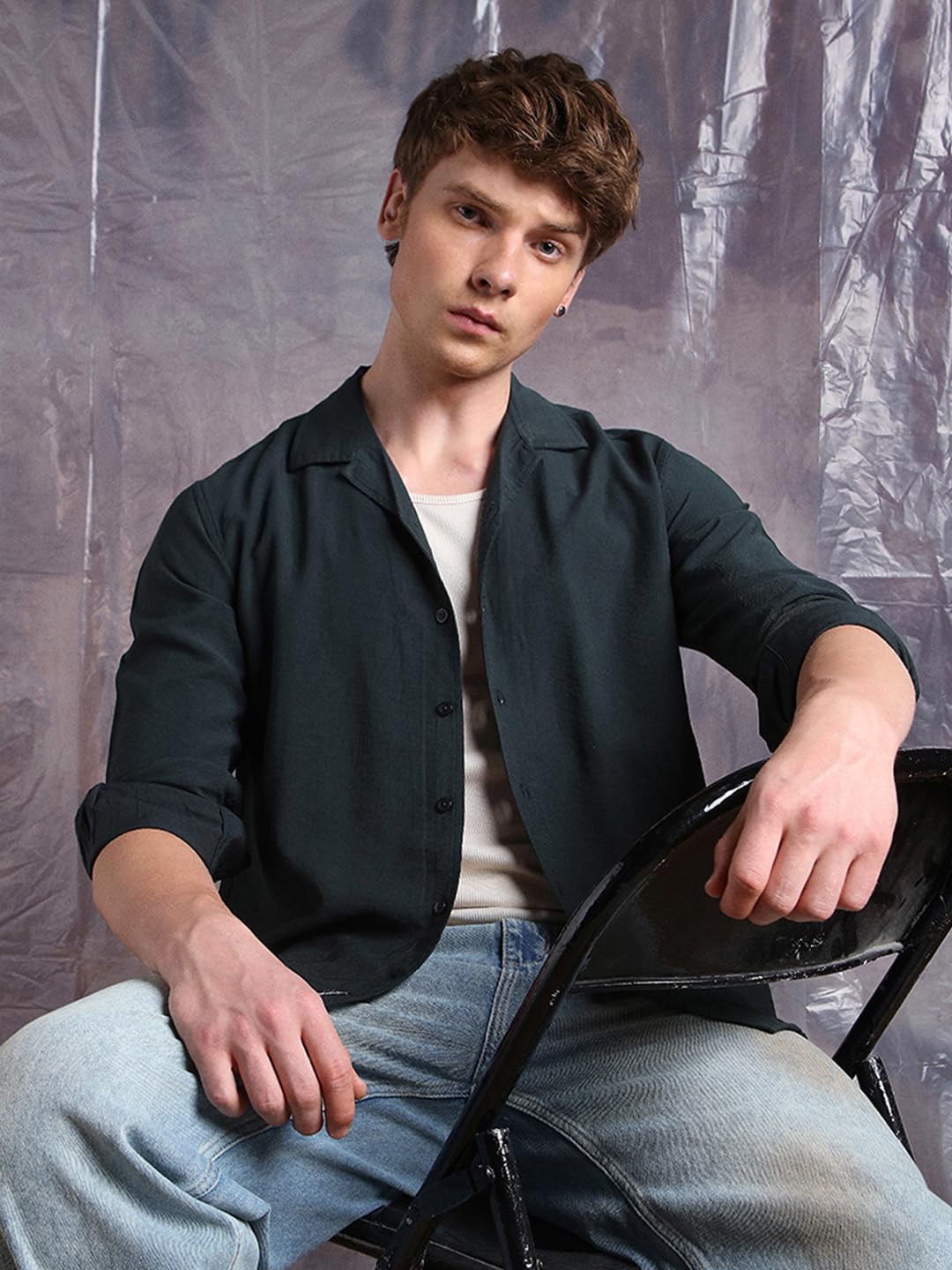 Hubberholme Men Relaxed Fit Resort Collar Fullsleeve Solid Shirts 1 Dark Green