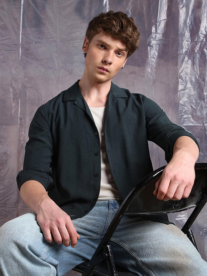 Hubberholme Men Relaxed Fit Resort Collar Fullsleeve Solid Shirts 1 Dark Green