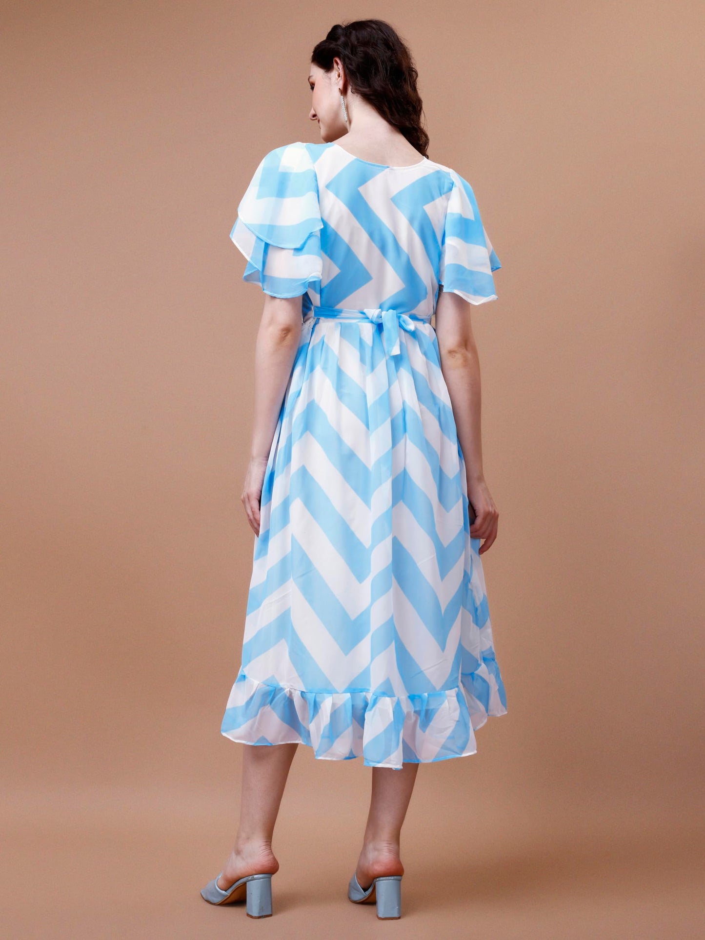 Trillmixa WomenS Stylish Georgette Fit And Flare Knee-Length Printed Midi Dress (Pastle) Light Blue