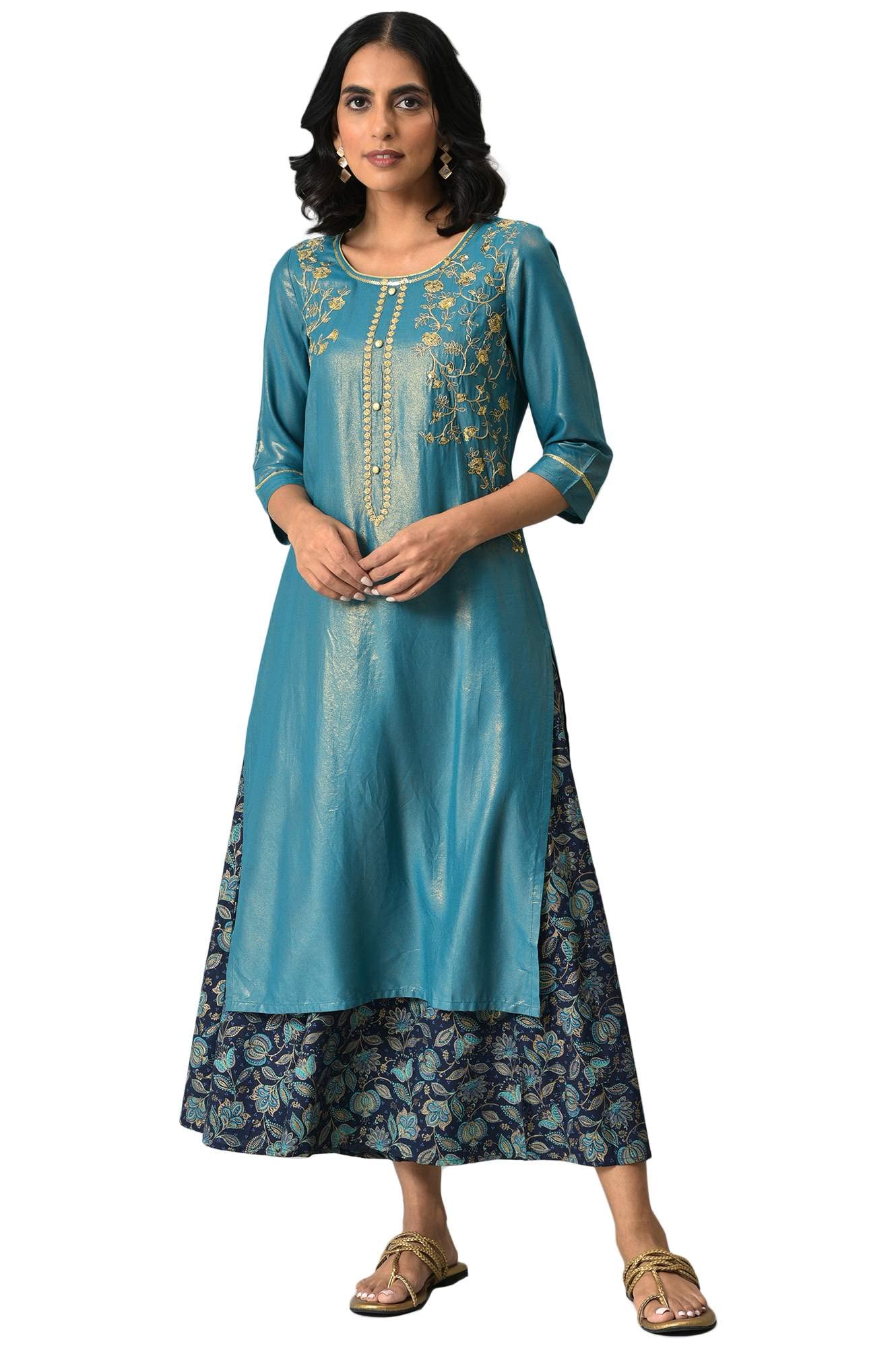 Aurelia WomenS Viscose Liva Blue Zari Embroidered Kurta & Cullote Printed_22Auas13520-505744_S