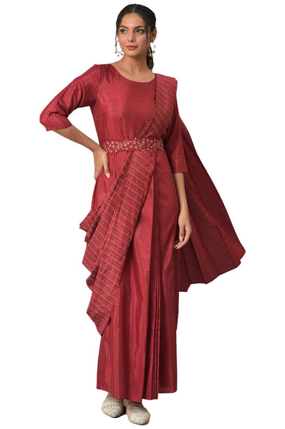 W For Woman Dark Red Polka Dot Glitter Stylised Dress With Metallic Embroidery