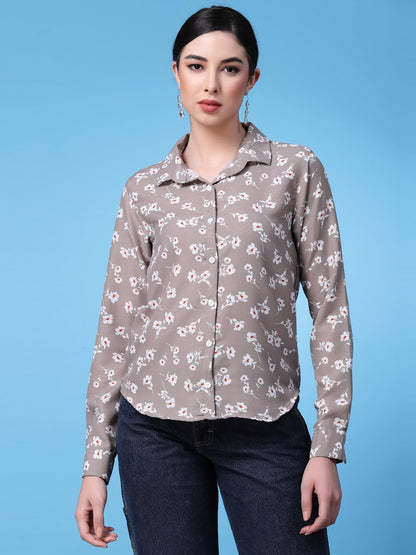 OOMPH! Shirts for Women, Floral Printed, Brown