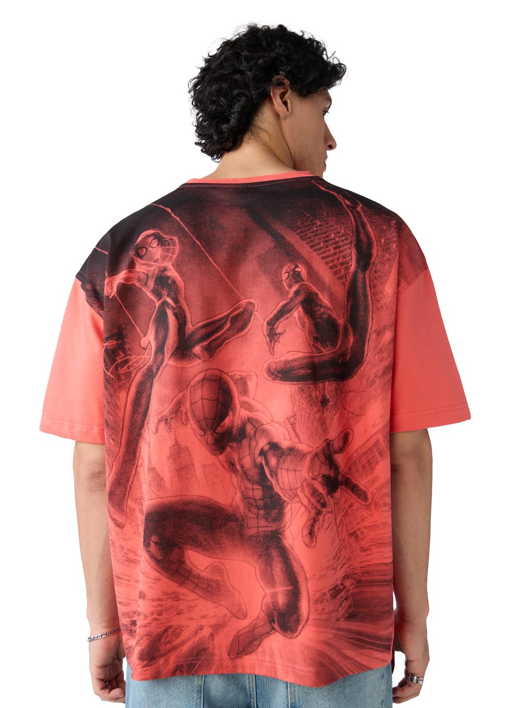The Souled Store Spider-Man: Spiderverse Men and Boys Short Sleeves Round Neck Pink Printed Cotton Oversized T-Shirts