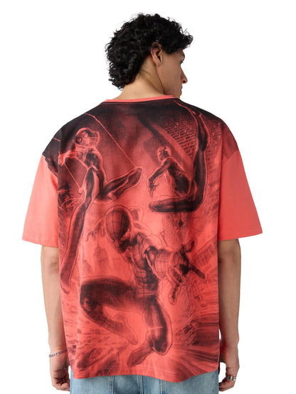 The Souled Store Spider-Man: Spiderverse Men and Boys Short Sleeves Round Neck Pink Printed Cotton Oversized T-Shirts