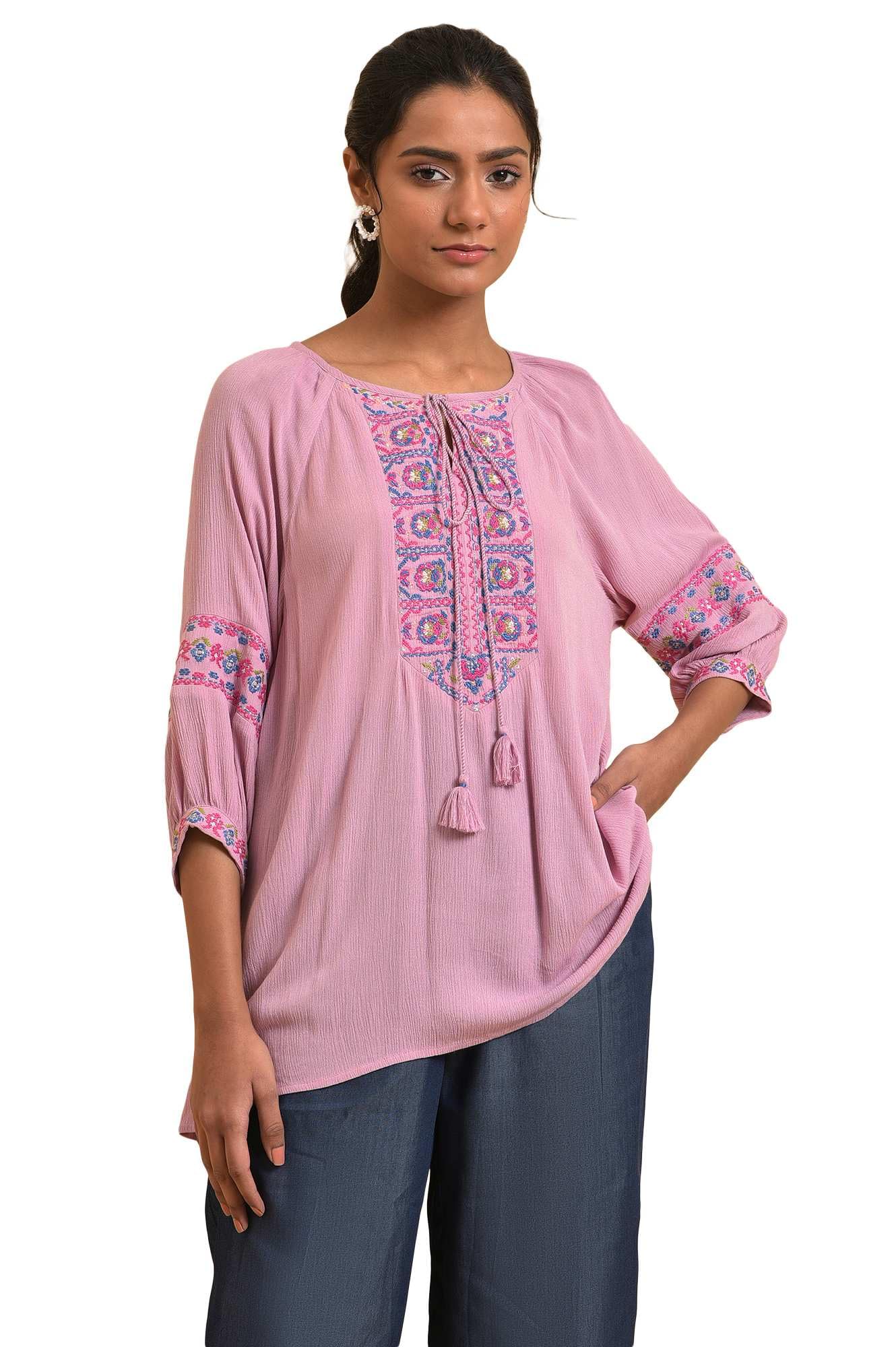 W Pink Embroidered Tunic Top For Women