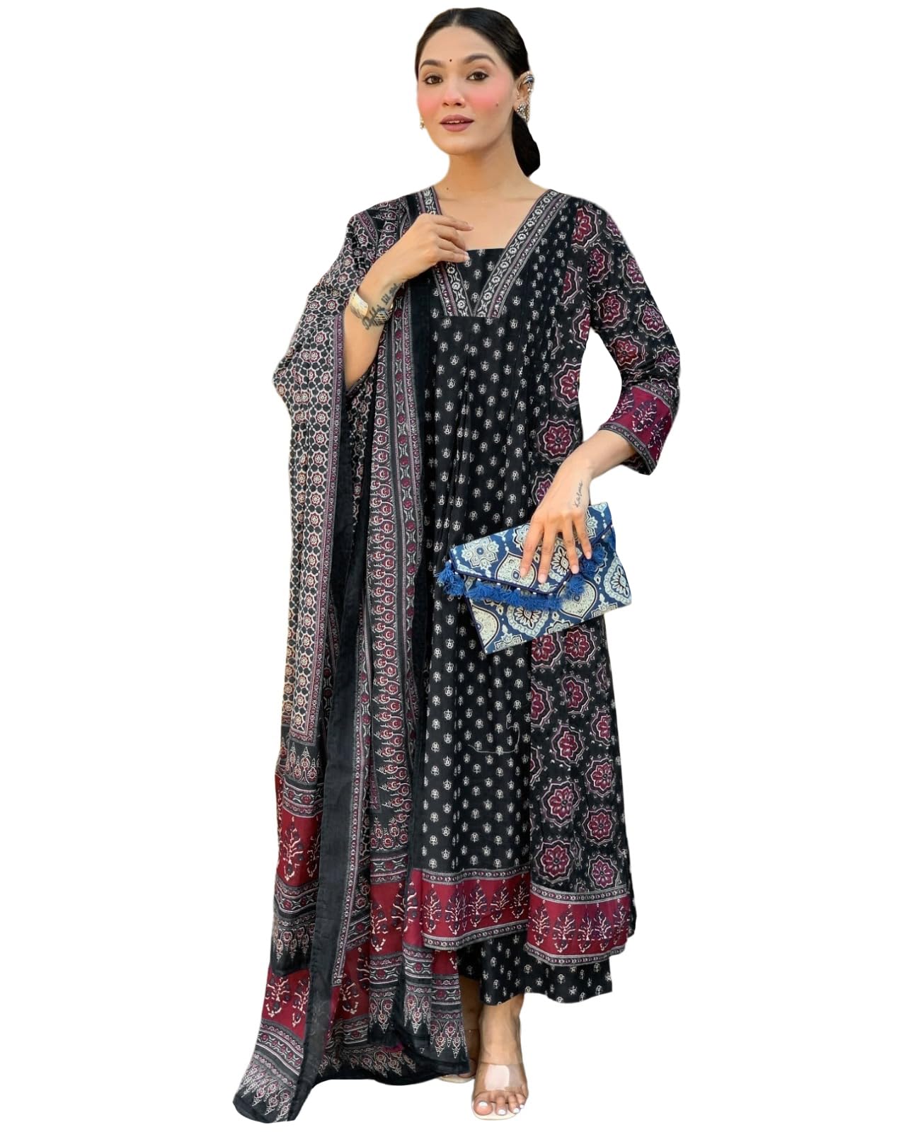 Gosriki WomenS Rayon Viscose Anarkali Printed Kurta With Palazzo & Dupatta (Nakula Black-Vks01-Gs_Xxl_Black_Xx-Large)