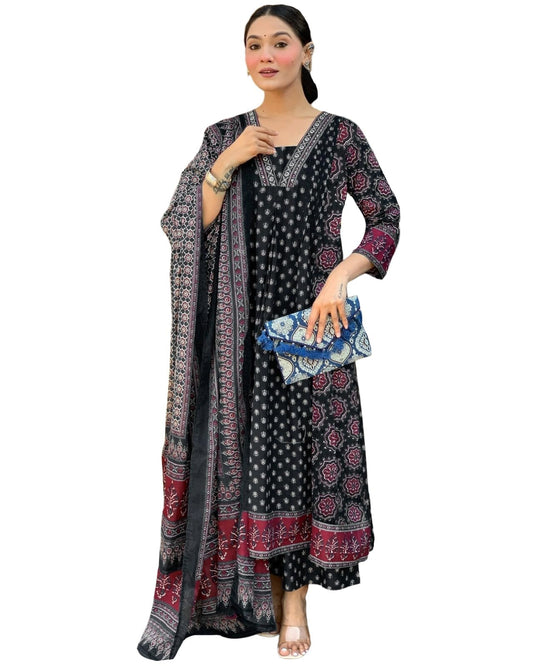 Gosriki WomenS Rayon Viscose Anarkali Printed Kurta With Palazzo & Dupatta (Nakula Black-Vks01-Gs_Xxl_Black_Xx-Large)