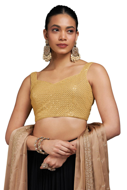 Soch Womens Gold Sequinned Sweetheart Neck Georgette Padded Blouse