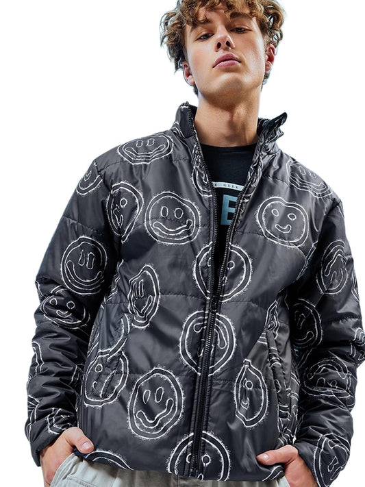 Bewakoof MenS All Over Printed Oversized Fit Full Sleeve High Neck Nylon Puffer Jacket 601631 Black Xl