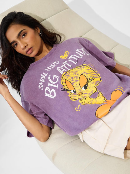 The Souled Store Looney Tunes: Big Attitude Women and Girls Short Sleeves Round Neck Purple Graphic Printed Cotton Oversized Lig