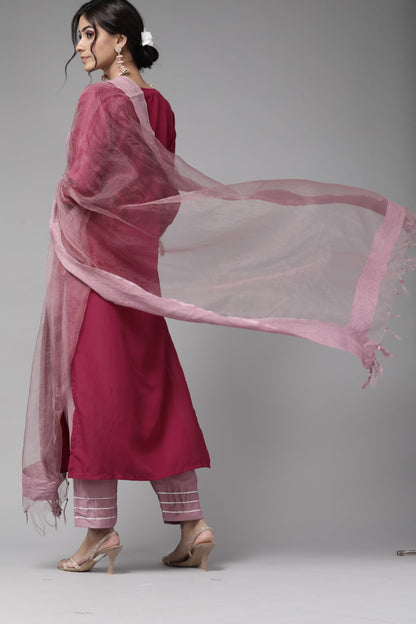 Varanga Magenta Zari Embroidery Kurta with Mauve Palazzo and Bhagalpuri Silk Dupatta.