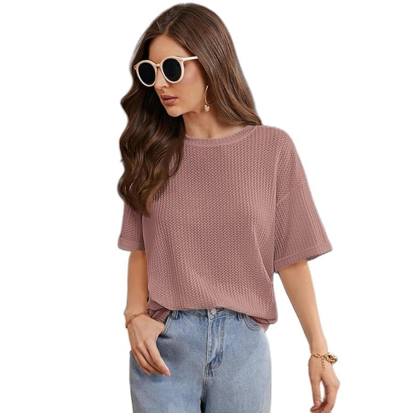 Trillmixa WomanS Half Sleeve Round-Neck T-Shirt: Stylish, Casual Waffle Cotton Fabric, Comfortable, Stretchable, Breathable, Ov
