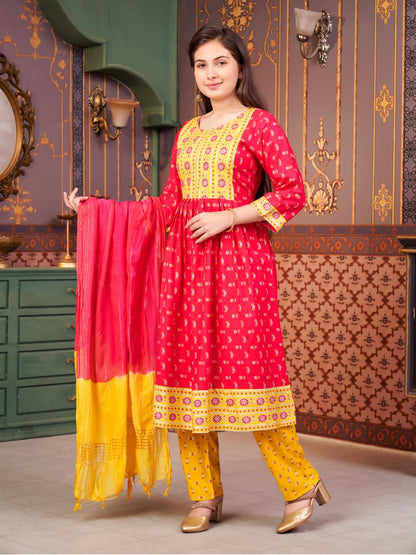 Aarika Girls Ethnic Wear Rani-Yellow Colour Foil Print Rayon Kurti-8-15 Years (Kurti-Ap-803)