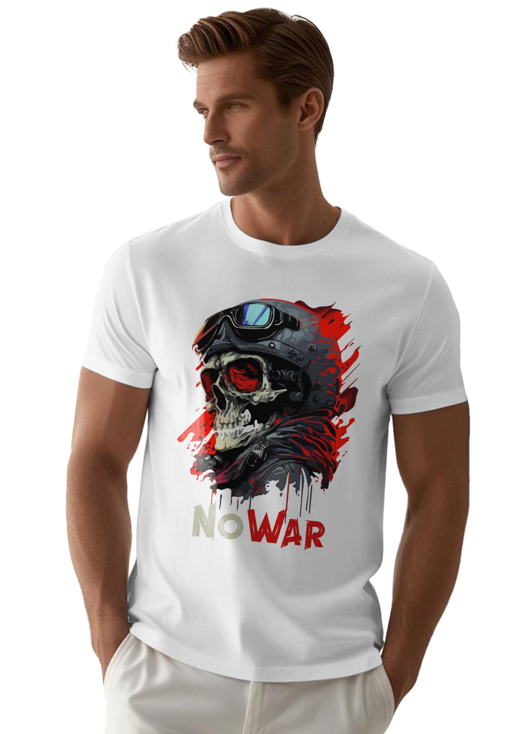Peppyzone Mens Regular Fit T-Shirt (PZ-SkullRider139_White