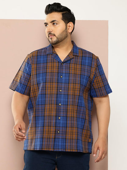 Thomas Scott Men | Short Sleeves | Regular Fit Plus Size | Windowpane Checks | 100% Cotton | Cuban Collar | Casual Shirt(TS1733_