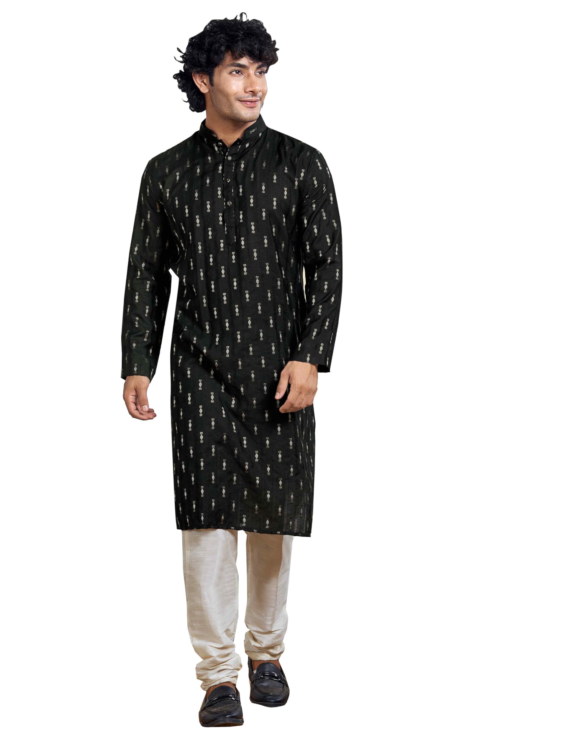 Vardha MenS Viscose Woven Jacquard Stitched Kurta, Coal Black Linear Striped & Diamond Jacquard Kurtas For Men, Mandarin Collar