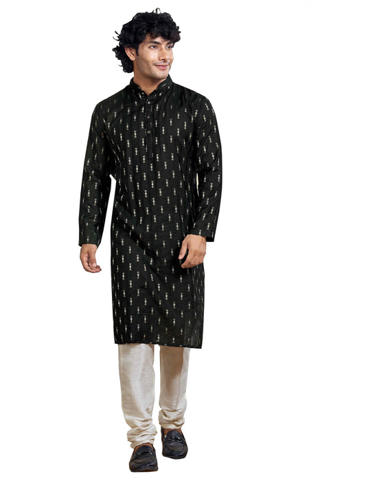 Vardha MenS Viscose Woven Jacquard Stitched Kurta, Coal Black Linear Striped & Diamond Jacquard Kurtas For Men, Mandarin Collar