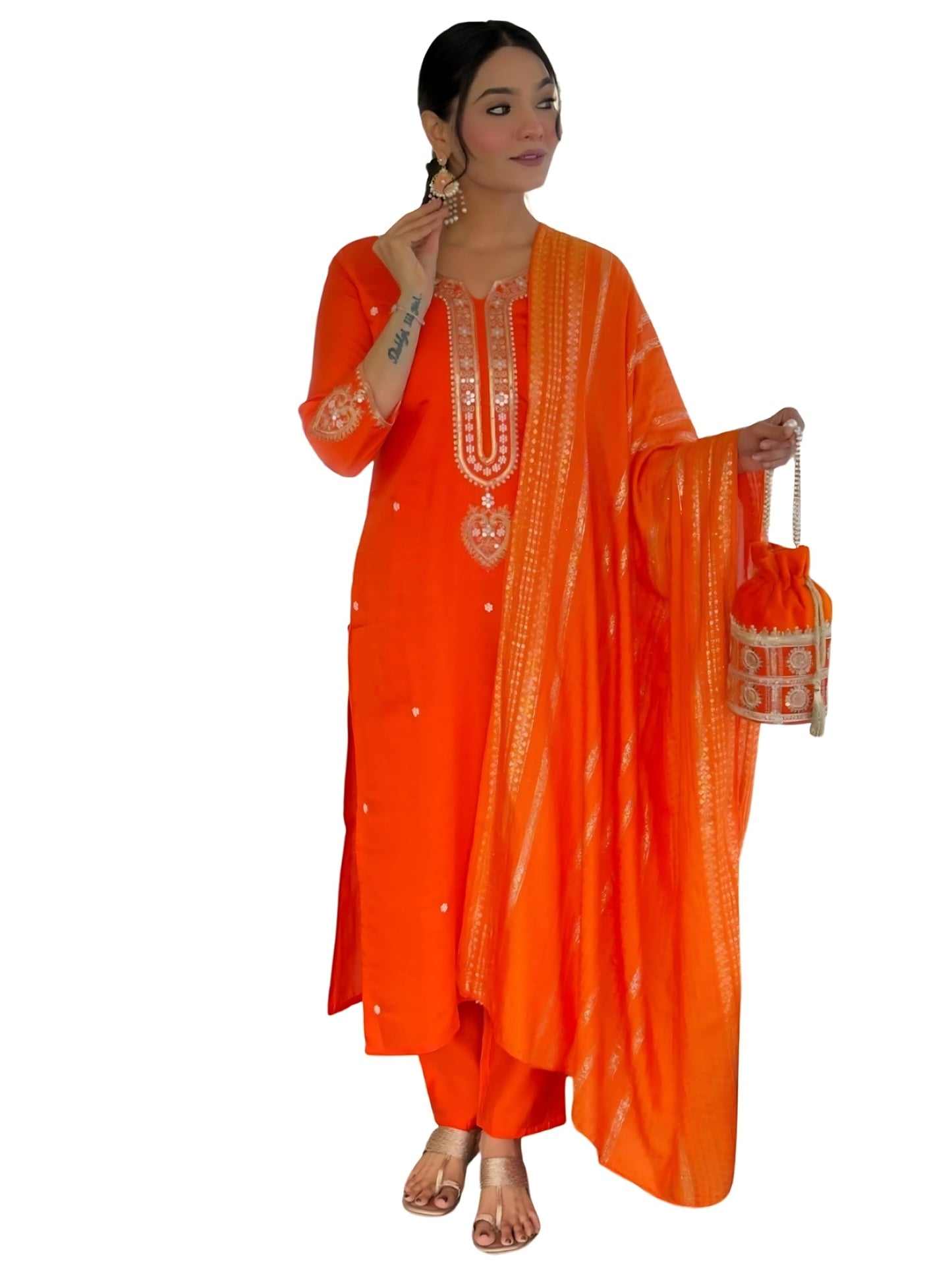 Naixa WomenS Orange Embroidered Straight Kurta With Chanderi Viscose Pant And Viscose Jacquard Dyed Dupatta Sets (Nx-Mv-610-Ora