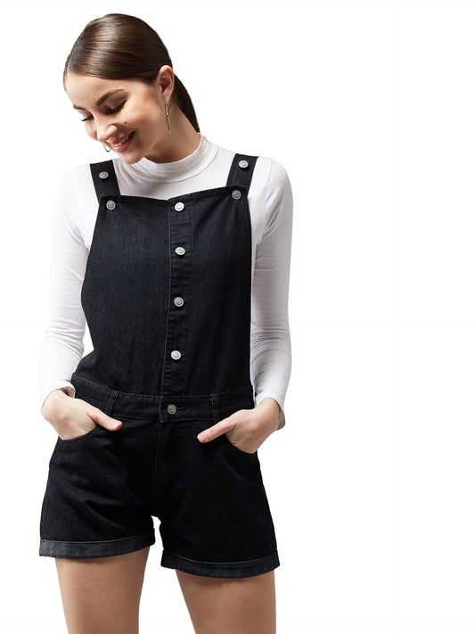 Dolce Crudo Womens Black Non-Stretchable Solid Mid Rise Regular Length Denim Dungarees (DOSS20DEN04-49-62-34,Black,34)