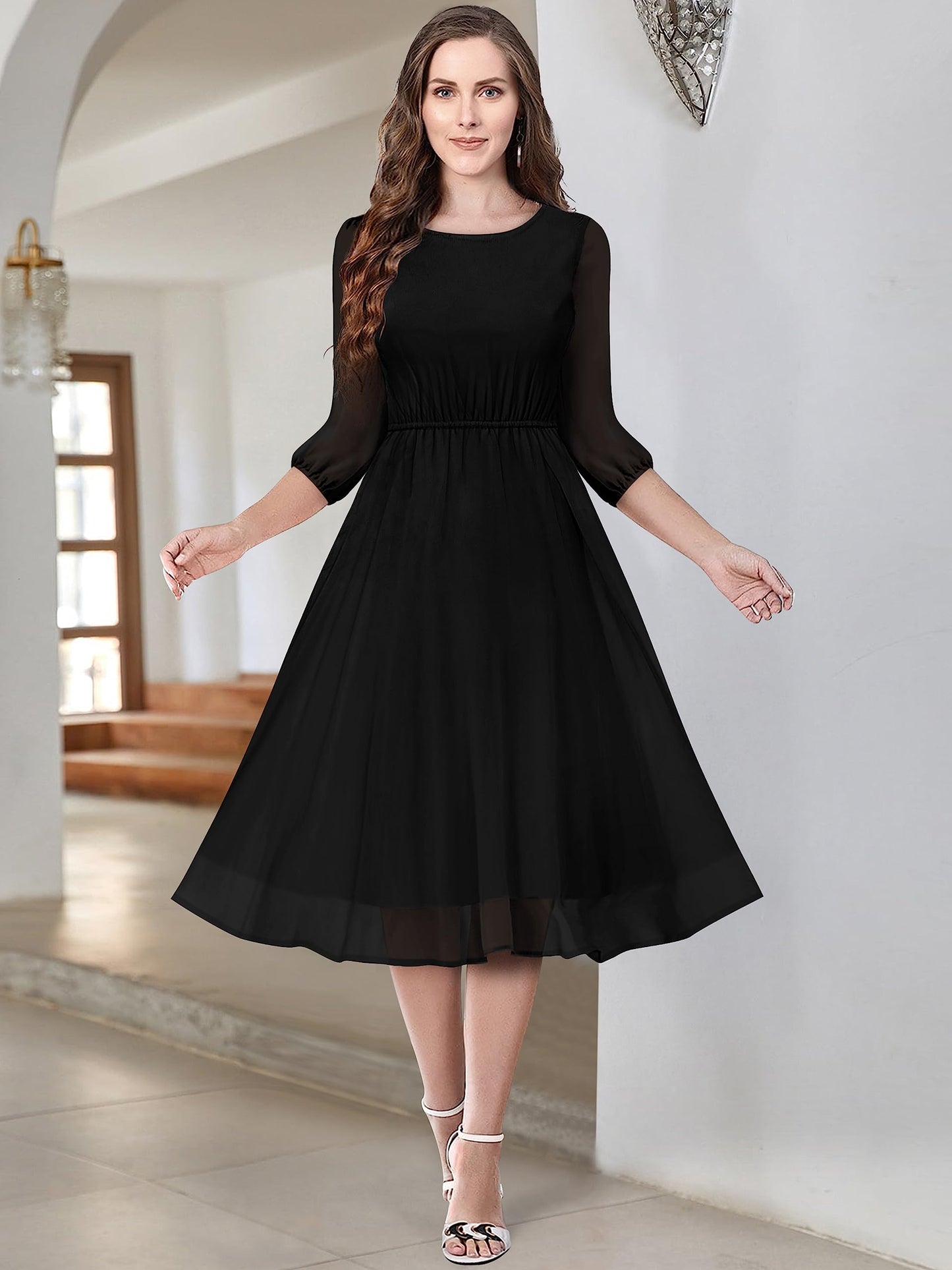 Toochki WomenS Georgette Fit And Flare Below The Knee Dress (Toochki089-Dr_Black