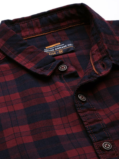 The Indian Garage Co Red Regular Fit Spread Collar Checkered Long Sleeves Shirt