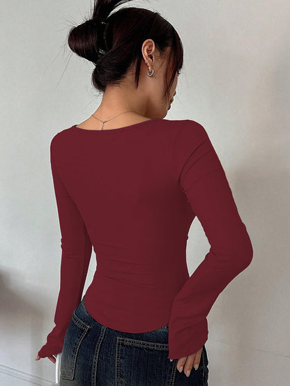 Sugathari Womens Maroon Solid Long Sleeve Wrap-Style Square Split Crew Neck Bodycon Women T-Shirt Spring and Summer, Minimalist