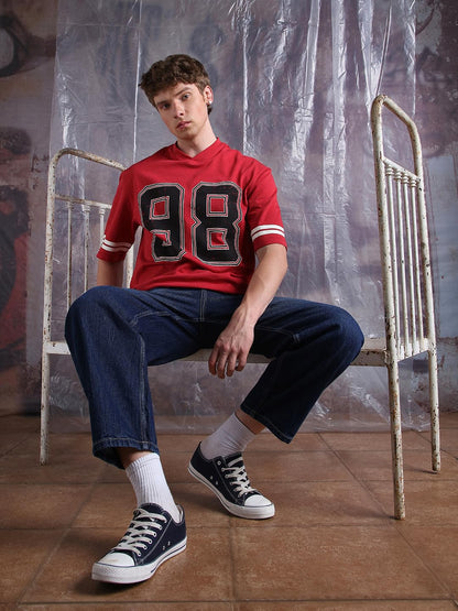 Hubberholme Men Printed Oversized V-Neck Half Sleeves Tshirts 39 Red
