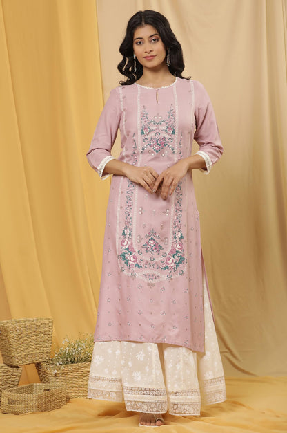 W for Woman W Women Purple Festive Floral Print Viscose Kurta Set With Divided Skirt
