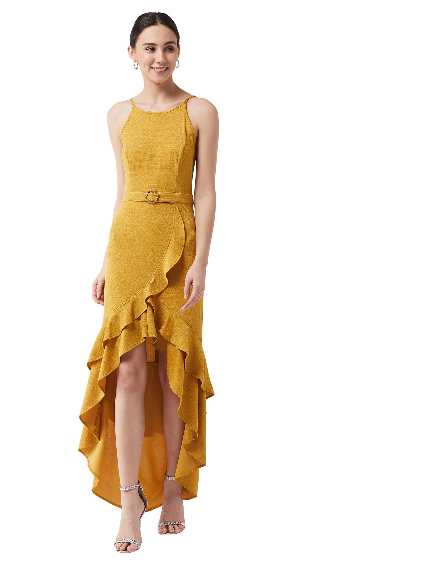 Miss Chase WomenS Mustard Halter Neck Sleeveless Solid Ruffled Maxi Dress (Mcaw21D13-18-183-05,Mustard,L)