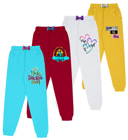 Kyda Kids Girls Cotton Printed Track Pants With Pocket - Multicolor (Pack Of 4)