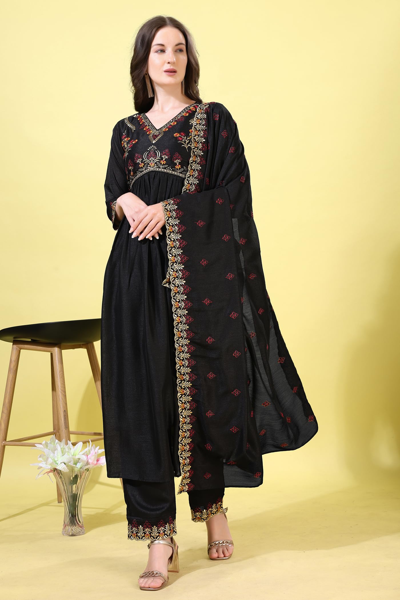 Pratham Blue WomenS Silk Embroidered Anarkali Kurta Palazzos With Dupatta |Kurta Sets For Women |Women Kurta |Women Embroidered
