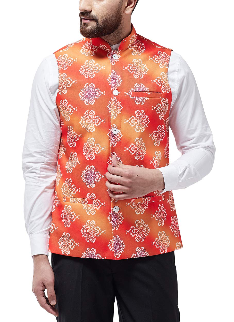 SOJANYA (Since 1958 Men's Cotton Blend Orange & Off White Printed Nehru Jacket, Size: 44