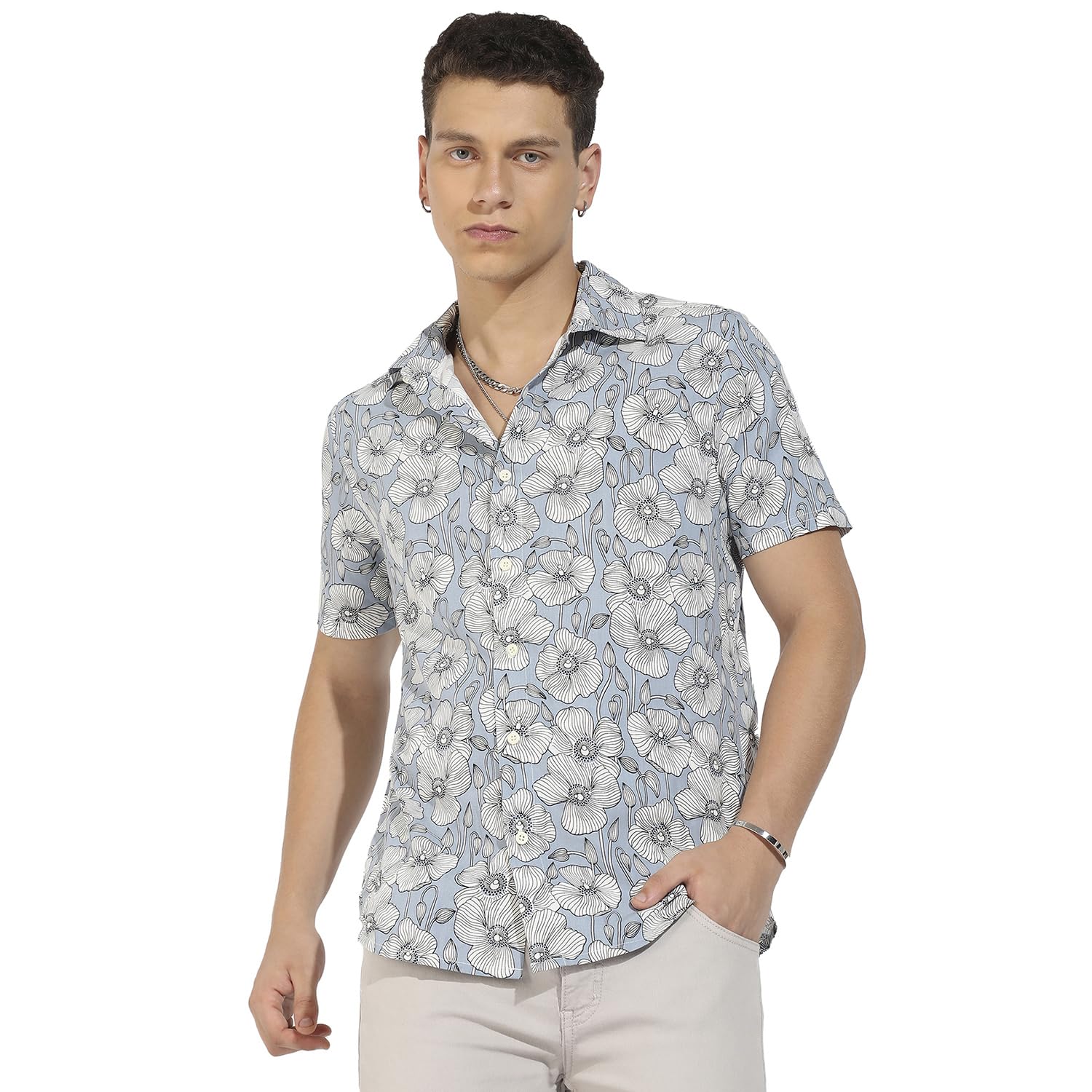Campus Sutra Mens ICY Blue Botanical Print Button Up Regular Fit Shirt for Casual Wear | Heavy Rayon Spread Collar Shirt Crafte