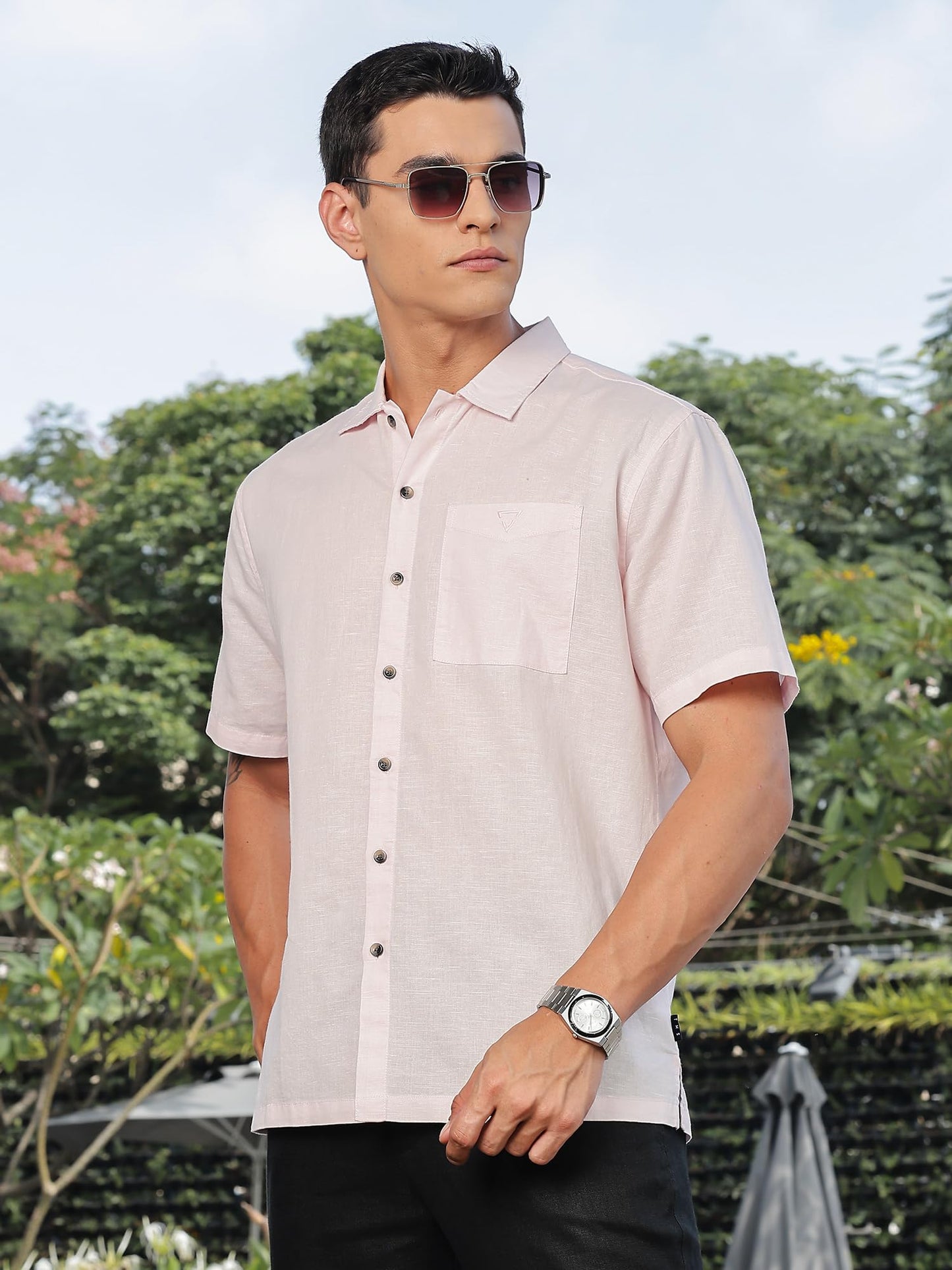 Thomas Scott Mens | Solid | Premium Irish Linen | Half Sleeve | Spread Collar | Casual | Shirt for Men Pink