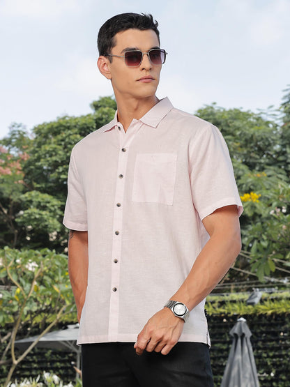 Thomas Scott Mens | Solid | Premium Irish Linen | Half Sleeve | Spread Collar | Casual | Shirt for Men Pink