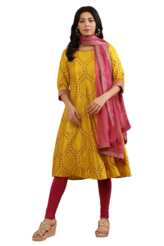 W for Woman W Women Yellow Festive Geometric Print Viscose Flared Kurta set with Tight & Dupatta