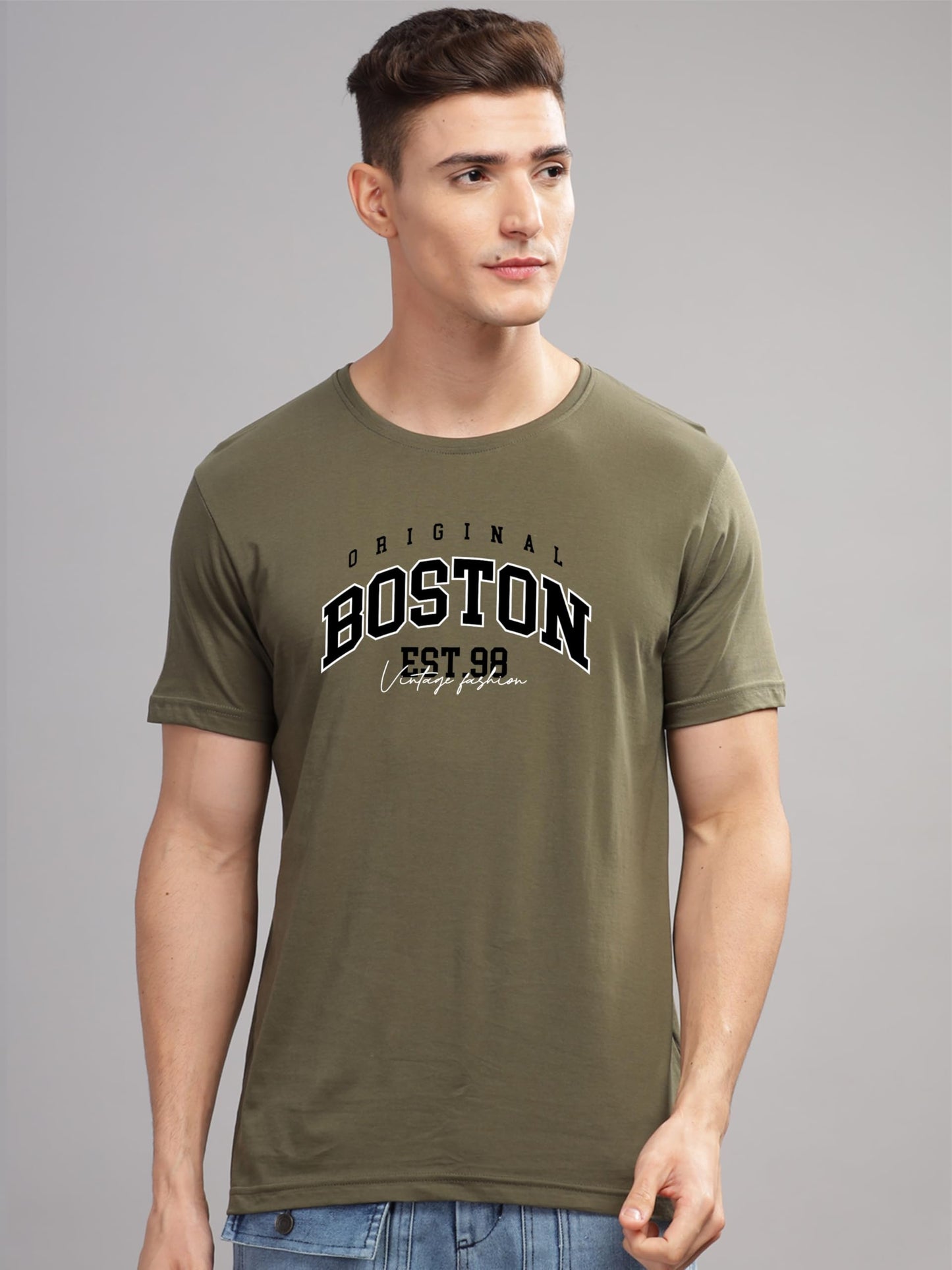 ADRO Mens Printed T Shirt - Premium Cotton Graphic Printed Tshirt - Olive T-Shirt - RN24-BOST-OL