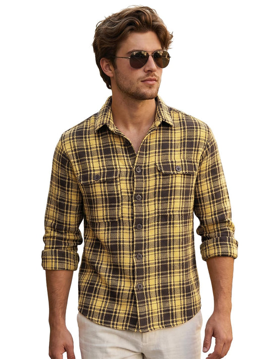 Bewakoof MenS Checked Regular Fit Full Sleeve Collar Cotton Shacket_1003864_Yellow_Xl