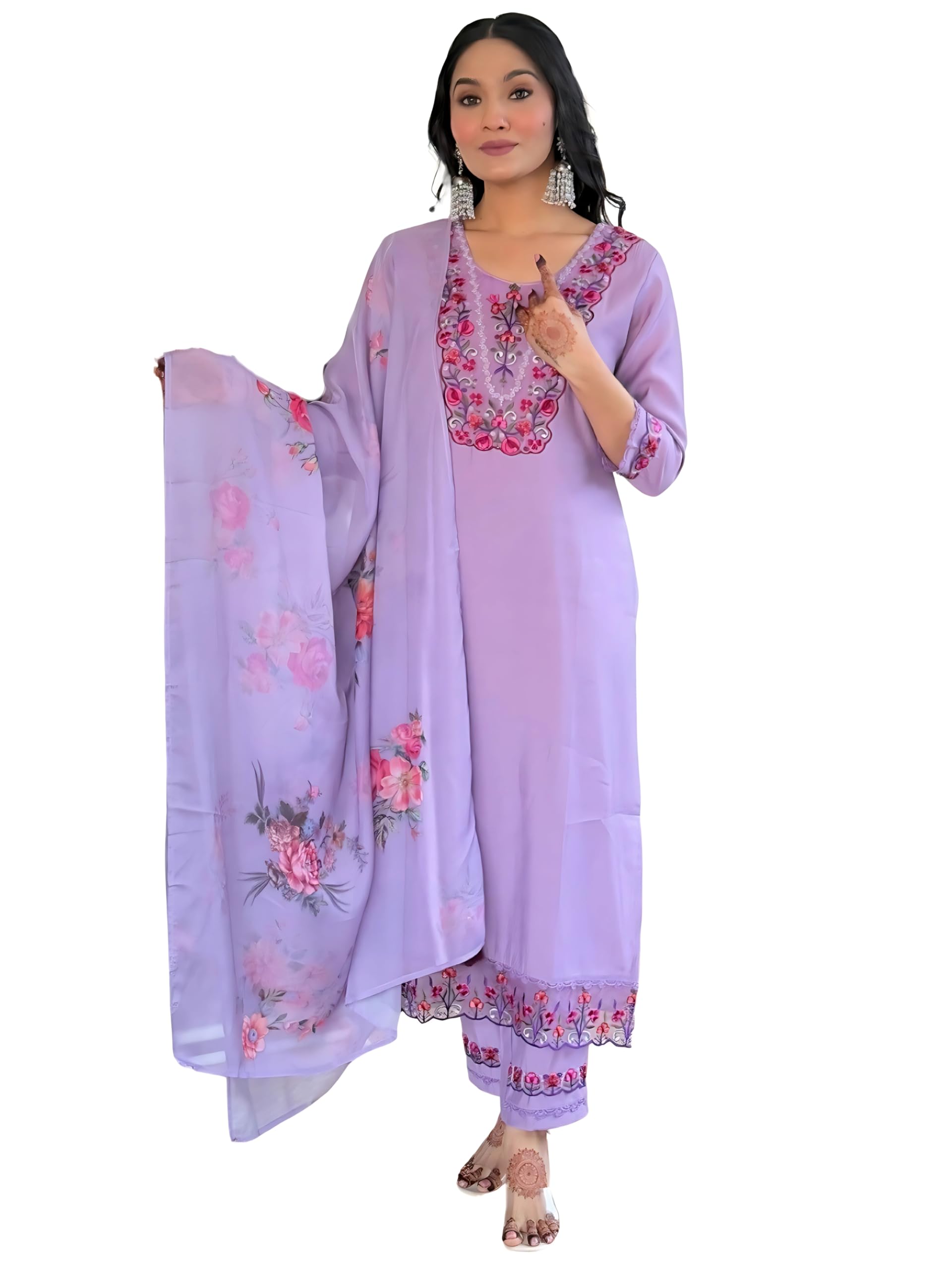 Naixa WomenS Levender Bsy Viscose Embroidered Flared Kurta With Bsy Viscose Pant And Organza Embroidered Dupatta Sets (Nx-655-L