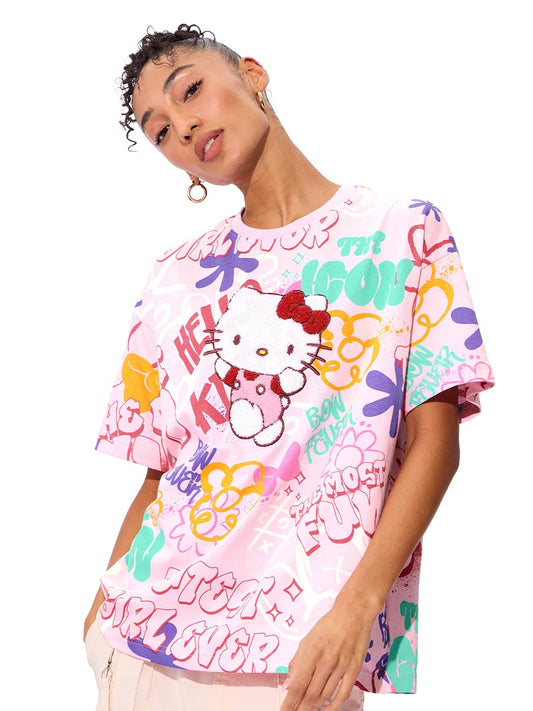 The Souled Store Hello Kitty: The Most Fun Women and Boys Short Sleeves Round Neck Multicolor All Over Printed Cotton Oversized