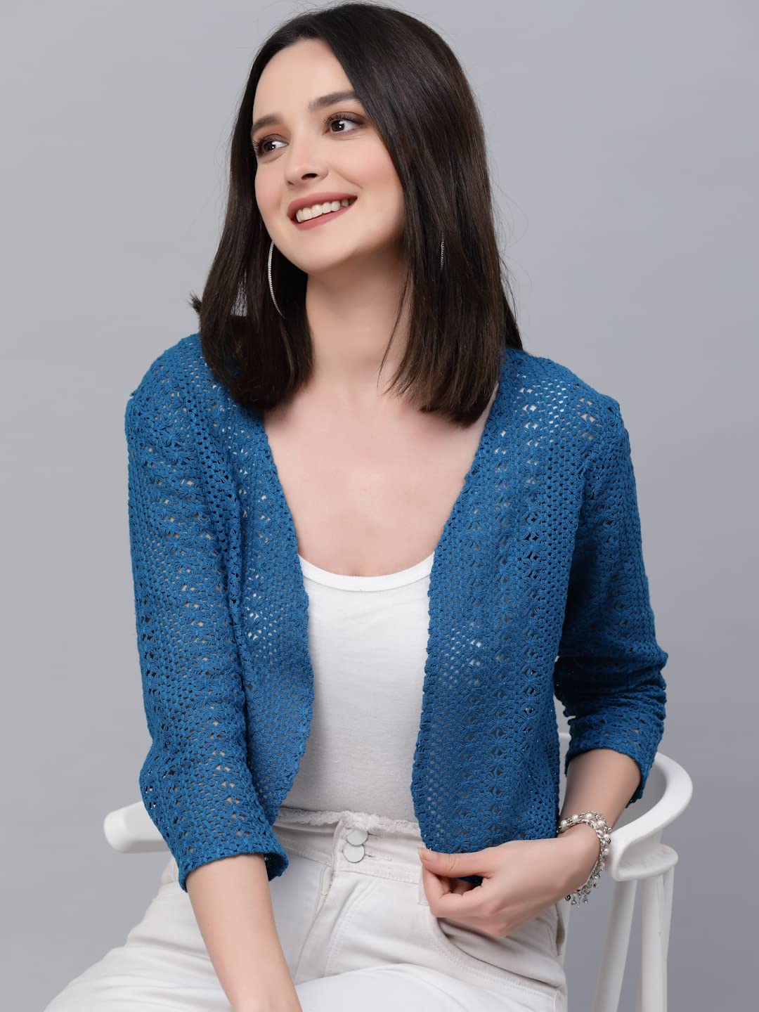 Style Quotient Women self Design Blue Open Front Crop Shrug