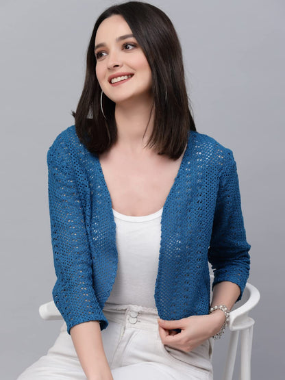 Style Quotient Women self Design Blue Open Front Crop Shrug