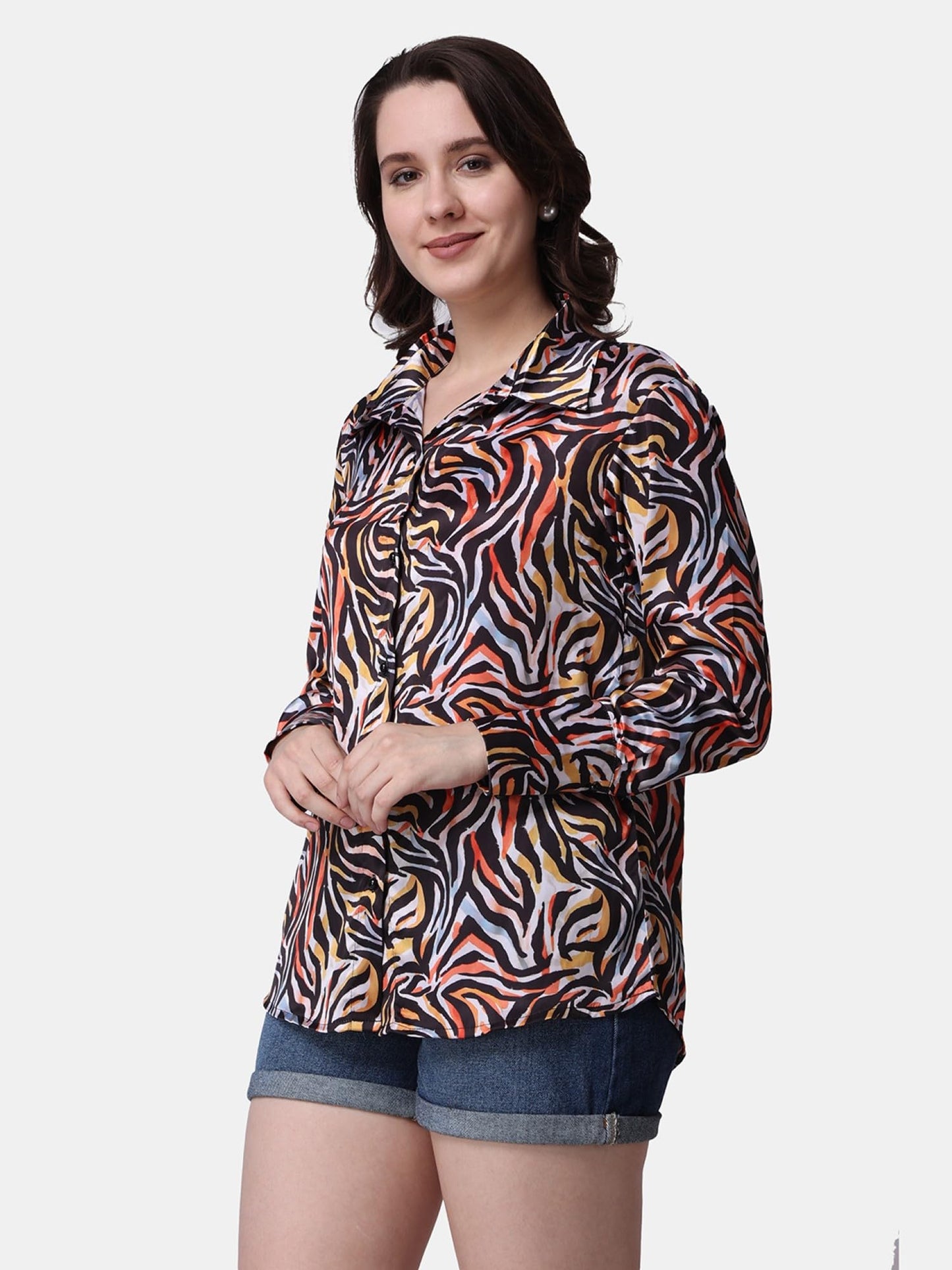 POPWINGS Printed Full-Sleeves Regular-Fit Satin Printed Shirt for Women Stylish Western Casual Wear Red