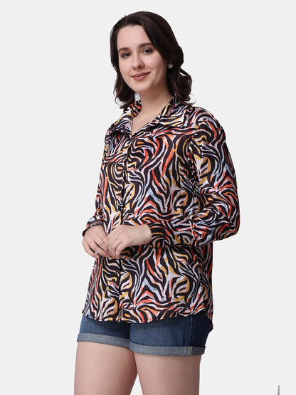 POPWINGS Printed Full-Sleeves Regular-Fit Satin Printed Shirt for Women Stylish Western Casual Wear Red