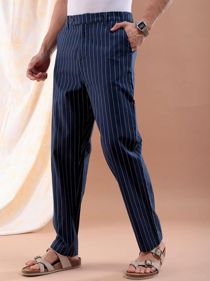 The Indian Garage Co Men Relaxed Cropped Vertical Striped Mid-Rise Trousers Navy