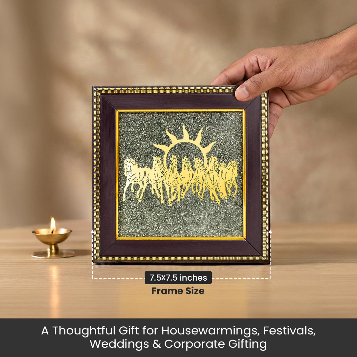 Astrotalk 7 Horses on Raw Pyrite Frame | Seven Horses Wall Decor Pyrite Stone Frame for Success & Fame | Vastu Items for Money Attraction | Wall Decor | Ideal Gift | 7.5x7.5 Inch | 1 Piece